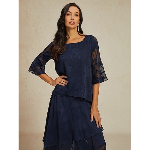  Damen Spitzenbluse Bluse Elegante Oberteile Chiffon Tops Einfarbig Elegant Stilvoll Basic Dreiviertelarm Glockenärmel U-Boot-Ausschnitt Normale Oberteile Hochzeitsgast Arbeit Täglich Asymmetrischer