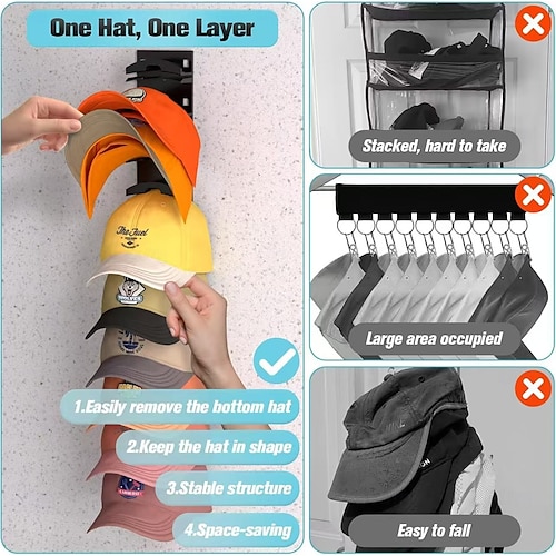  1 Pack Hat Organizer for Baseball Caps, Strong Adhesive Hat Rack for Wall, Multi-layer Hat Hooks Storage for 10 Hats, Hat Holder Hanger for Door, Bedroom, Closet