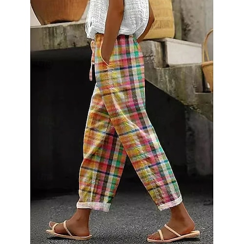  Damernas bomullslinbyxor baggy byxor linne liknande strandshorts semester vintage mode hel längd hög midja grafisk geometrisk rutmönster tryck andningsbar mjuk mikroelastisk semester avslappnad