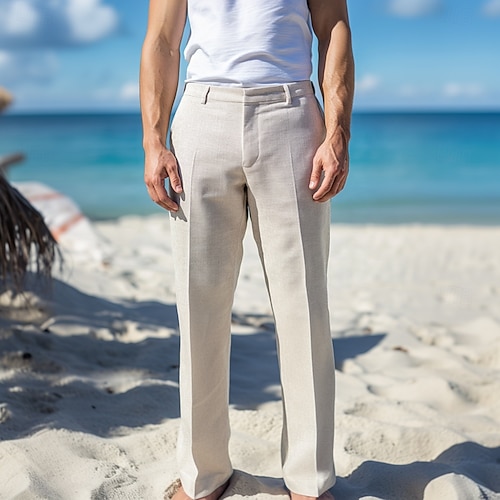  Men's Linen Pants Dress Pants Summer Beach Trousers Straight Leg Plain Comfortable Breathable Casual Daily Regular Fit Beige