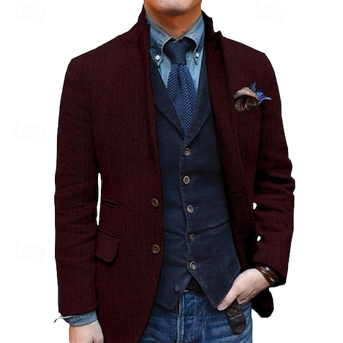  heren retro vintage tweed blazer visgraat blazer sportjas normaal plus size enkelrijs twee knopen zwart champagne bordeaux blauw