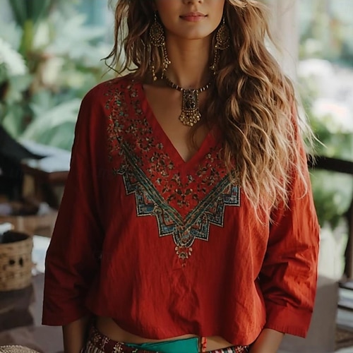  Blouse Boho Femme Graphique Florale Bohémienne Vintage Tropicale Manches 3/4 Décolleté en V Tops Réguliers Rouge Été Printemps