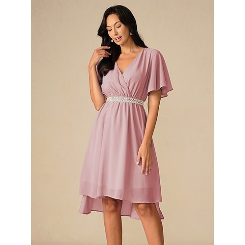  Robe de demoiselle d'honneur Robe Trapèze Femme Robe mi-longue Cuisse fendue robe demoiselle d honneur Soirée Cocktail Elégant Col V Manche Courte Standard Rose Claire Bleu Vert S M L XL XXL