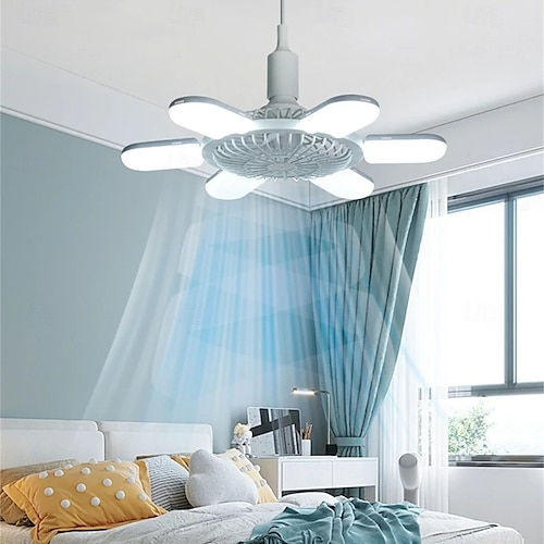 Ventiladores de teto E27 com luzes, luz de led dobrável de 6 folhas em forma de U, controle remoto de luz com dimerização, ventilador de teto pequeno para quarto, garagem, temporização inteligente,