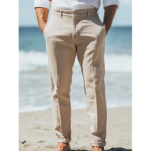  Pantalones de lino para hombre, pantalones de vestir, pantalones de verano, pierna recta, lisos, transpirables, informales, para uso diario, vacaciones, corte estándar, color caqui y beige.