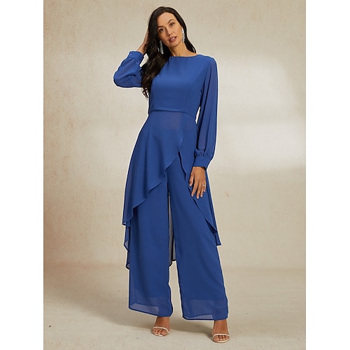  női esküvői vendég jumpsuit elegáns sötétkék hosszú áttetsző ujjú széles láb elegáns esti parti viselet kerek nyakkivágás tavasz nyár ősz