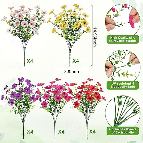  20 de pachete de flori artificiale pentru decorațiuni în aer liber flori de mătase false plante artificiale rezistente la UV margarete artificiale eucalipt pentru primăvară vară grădină curte verandă