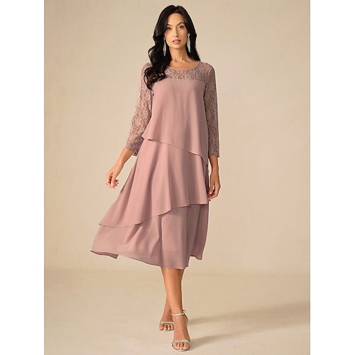  Per donna Abito Midi Abito in Pizzo Vestito da Festa Abito da Cocktail Abito da invitata a nozze Elegante Festa Vacanza Ospite di nozze Cocktail party Vestibilità regolare Tinta unica Manica 3/4