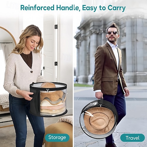  Hat Storage Bag for Travel, Foldable Round Organizer Case for Wide Brim Hats and Clothes, Portable Hat Box with Zipper Lid