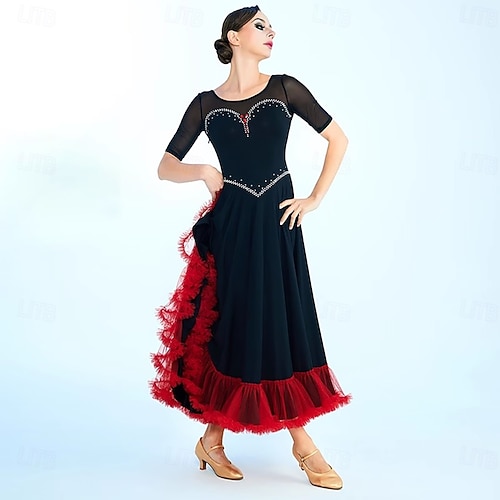 Women's Ballroom Dance Dress – Slim Fit, Breathable Sleeves, Elegant Hem, Perfect For Competition, Stage, And Social Dance Easy Care Hand Wash Flat Dry