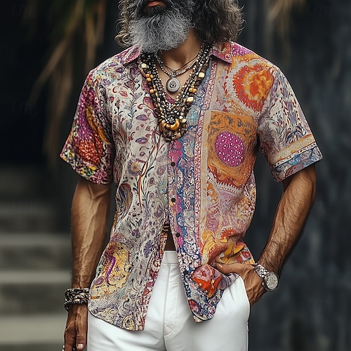  Men's Floral Print Indian Boho Shirt Summer Hawaiian Shirt Button Up Shirt Short Sleeve Hawaiian Vacation Holiday Beach Wear Summer Spring Turndown 3D Print Collared Shirts Apricot