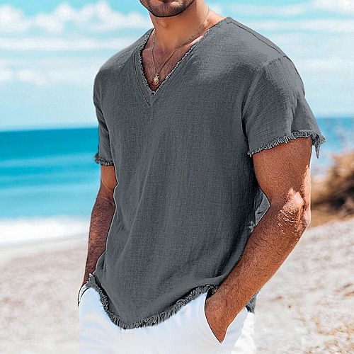  Per uomo Maglietta Maglietta in lino Maniche Corte Scollo a V Estate Semplice Moda Designer Essenziale Morbido Vacanza Casual Quotidiano Spiaggia Blu chiaro Bianco Rosa Maglietta Top per Uomo