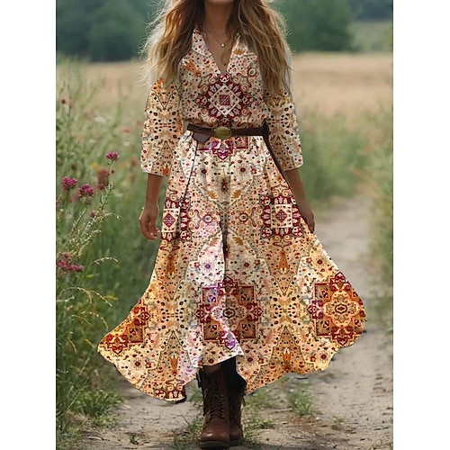  Damen Boho Kleid Western Kleid Vintage Maxi Kleid Sonnenkleid Faltenkleid Urlaub Lässiges Boho Ausgehen Strand Grafisch Paisley Tribal 3/4-Länge Ärmel V-Ausschnitt Schwarz Pink Blau Orange Sommer