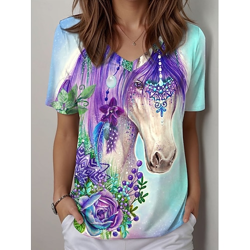  gypsy violet horse by sheena pike dámské tričko květinové grafické zvíře vintage stylové ležérní krátký rukáv výstřih do véčka běžné topy denní tisk nebesky modrá léto