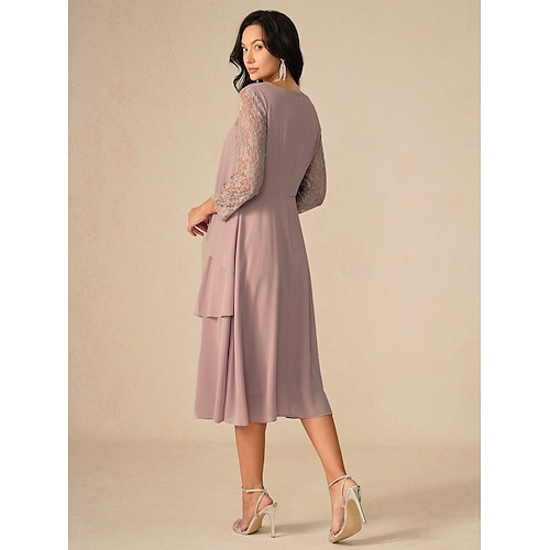  Per donna Abito Midi Abito in Pizzo Vestito da Festa Abito da Cocktail Abito da invitata a nozze Elegante Festa Vacanza Ospite di nozze Cocktail party Vestibilità regolare Tinta unica Manica 3/4