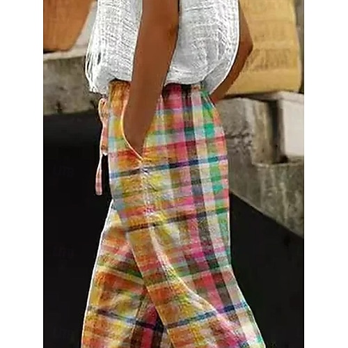  Damernas bomullslinbyxor baggy byxor linne liknande strandshorts semester vintage mode hel längd hög midja grafisk geometrisk rutmönster tryck andningsbar mjuk mikroelastisk semester avslappnad