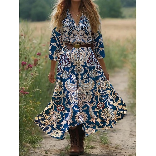  Damen Boho Kleid Western Kleid Vintage Maxi Kleid Sonnenkleid Faltenkleid Urlaub Lässiges Boho Ausgehen Strand Grafisch Paisley Tribal 3/4-Länge Ärmel V-Ausschnitt Schwarz Pink Blau Orange Sommer