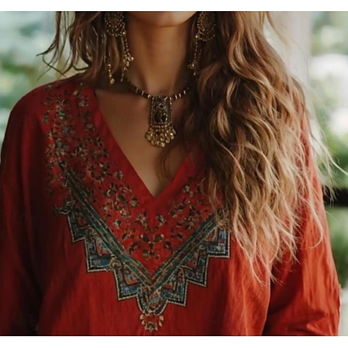  Blouse Boho Femme Graphique Florale Bohémienne Vintage Tropicale Manches 3/4 Décolleté en V Tops Réguliers Rouge Été Printemps