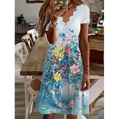  Femmes Mini Robe Robe trapèze Robe d'été Occasionnel Quotidien Coupe régulière Fleuri Graphique Manche Courte Col en V Noir Blanche Rose Claire Bleu Été