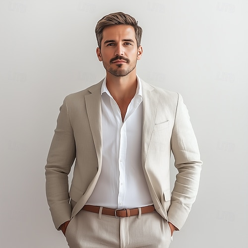  Heren Linnen Blazer Sportjas Mode Casual Zomer Effen Gekleurd Linnen Blazer Hemelsblauw kaki Beige Standaard Pasvorm Enkelvoudig Ge knoop