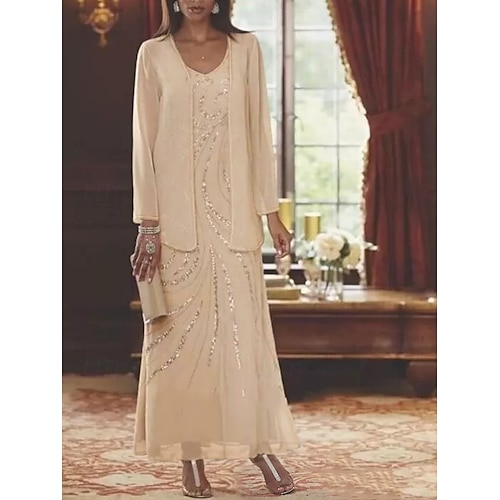 Robe Mère de la Mariée Coupe Deux Pièces à la Plage Invité de Mariage Élégant Étincelle  Brillance Encolure en V Longueur Cheville Chiffon Sequins Manches Longues avec Sequins 2025 taille