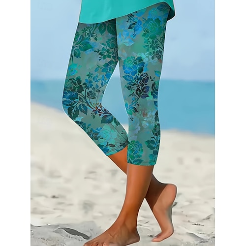  Women's Leggings Capri Pants High Elasticity Vacation Vintage Fashion Calf-Length High Waist Floral Graphic Printing Breathable Soft Stretchy Formal Vacation Office Gray Green Black Summer Spring