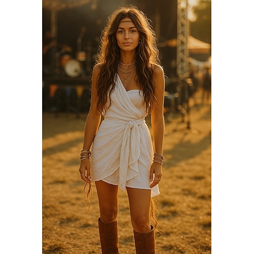 Women's Boho Dress Western Dress Vintage Mini Dress A Line Dress Slip Dress Off The Shoulder Dress Vacation Casual Outdoor Going out Beach Regular Fit Solid Color Graphic Sleeveless One Shoulder