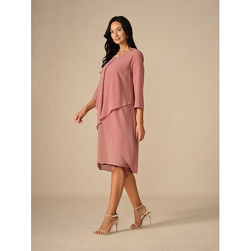  Dame Knelang kjole Kjole med A-linje Elegant Fest Bursdag Bryllupsgjest Cocktailfest Normal Helfarge 3/4 ermer Crew-hals Rosa Sommer