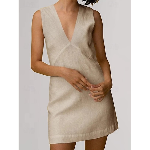 Femmes Mini Robe Robes inspirées du lin Robe en coton et lin Élégant Sexy Vacances Quotidien Date Coupe régulière Uni Sans manches Col en V Noir Blanche Rouge Beige Été Printemps
