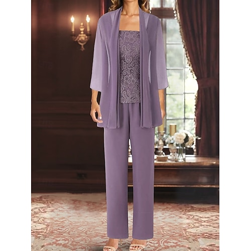 Pantalon Mère de la Mariée Robe Invité de Mariage Élégante Simple Col Bijou Longueur de Sol Polyester Manches Longues avec Couleur Unie