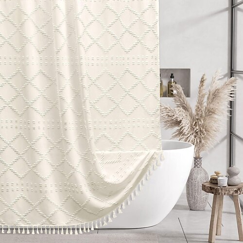 TURKIO Beige Boho douchegordijn - 72 x 72 moderne boerderij, Boheemse chique getuft Chevron getextureerde gestreepte minimalistische geweven stof schattig beige/crème TURKIO Beige Boho douchegordijn - 72 x 72 moderne boerderij, Boheemse chique getuft Chevron getextureerde gestreepte minimalistische geweven stof schattig beige/crème