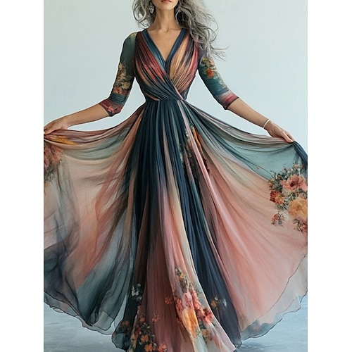 Langes Damenkleid, Maxikleid, Freizeitkleid, Swing-Kleid, Blumenkleid, Sommerkleid, Boho-Kleid, Vintage, Urlaub, Alltag, Urlaub, normale Passform, Blumenmuster, langärmlig, V-Ausschnitt, blau, Sommer