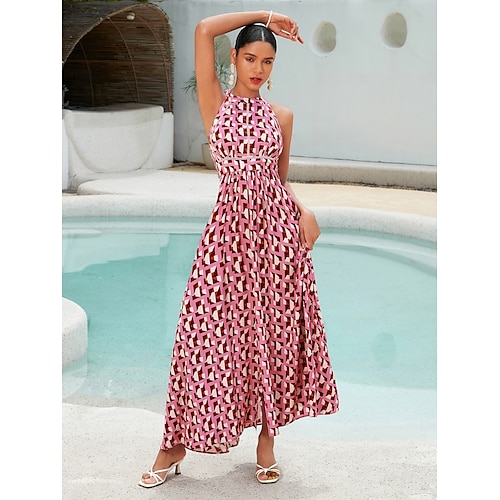  Mulheres Roupas de resort Vestido Longo Rosa Sem Manga Geométrico Guarnição do laço Primavera Verão Halter pescoço Elegante férias na praia S M L
