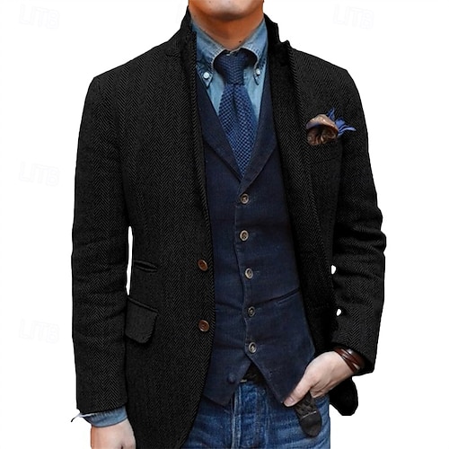  heren retro vintage tweed blazer visgraat blazer sportjas normaal plus size enkelrijs twee knopen zwart champagne bordeaux blauw