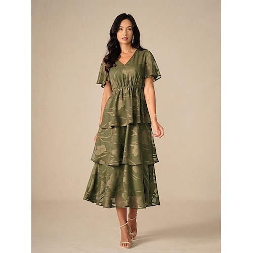  Damen Maxikleid A Linie Kleid Elegant Formell Flattrige Ärmel Hochzeitsgast Cocktailparty Normale Passform Einfach Kurzarm V Ausschnitt Olive Sommer