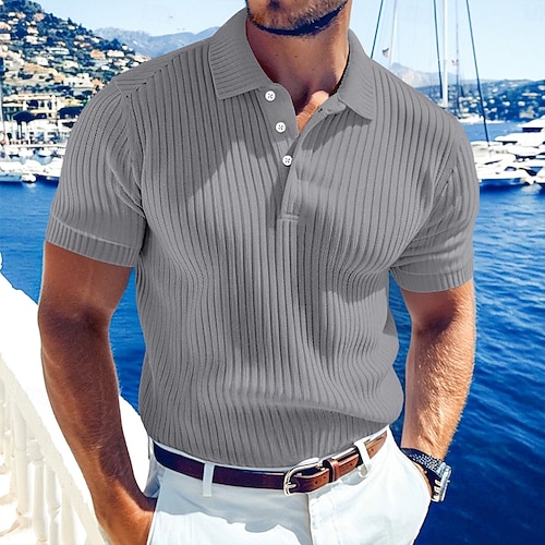  Herr Ribbstickad topp Golf pikétröjor Arbete Ledigt Kavajslag Ribbstickad polokrage Kortärmad Grundläggande Modern Färgblock Knappar Stickat Sommar Vår & sommar Normal Vit Gul Vinröd Marinblå Ljusbl