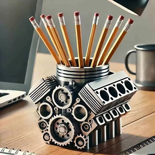 V8 Engine Pen Holder for Desk, Cool Desk Organizer for Men, Unique Mechanical Engine Decor, Pencil Holder, Gift for Men, Office or Home Decoration
