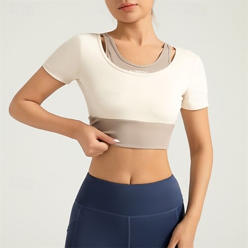 Women's Yoga Top Scoop Neck Breathable Patchwork Short Sleeve