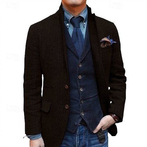  heren retro vintage tweed blazer visgraat blazer sportjas normaal plus size enkelrijs twee knopen zwart champagne bordeaux blauw
