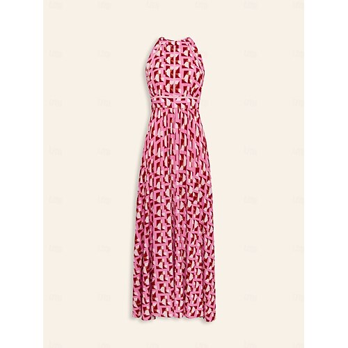  Mulheres Roupas de resort Vestido Longo Rosa Sem Manga Geométrico Guarnição do laço Primavera Verão Halter pescoço Elegante férias na praia S M L