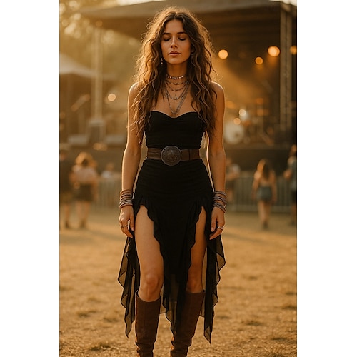  Vestido Boho de Mujer Vestido Occidental Vestido Vintage Midi Vestido de Línea A Vestido Sin Tirantes Casual Salir Playa Ajuste Slim Color Sólido Sin Mangas Sin Tirantes Negro Verano