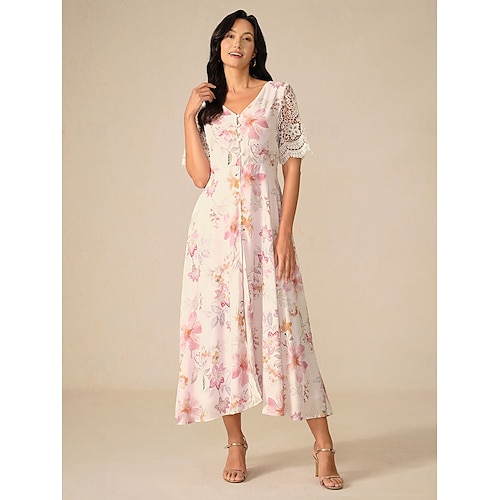 Femmes Robe maxi Robe trapèze Élégant Vacances Quotidien Coupe régulière Fleuri Manche Courte Col en V Rose Claire Été