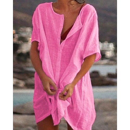 Per donna Mini Abito Abito in cotone e lino Classico Vacanza Quotidiano Ferie Vestibilità regolare Semplice Manica Corta Scollo a V Bianco Giallo Rosa Estate