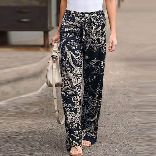 Femmes Pantalon en coton et lin Slacks Mode Streetwear Longueur complète Naturel Fleur Impression Confortable Extérieur Tenue quotidienne Week-end Rouge foncé Jaune marron Miel doré Bleu marine Été