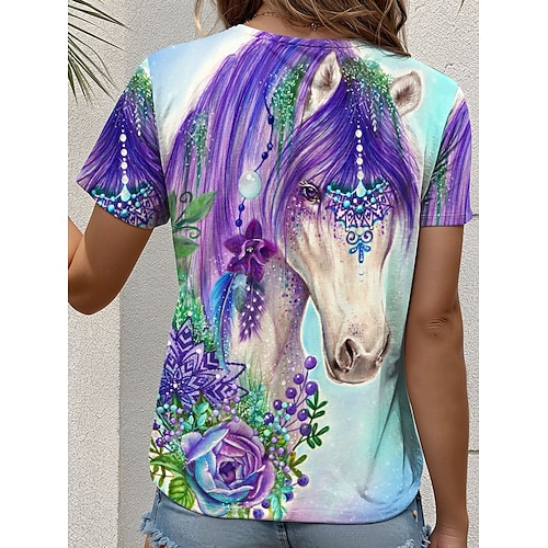  gypsy violet horse by sheena pike dámské tričko květinové grafické zvíře vintage stylové ležérní krátký rukáv výstřih do véčka běžné topy denní tisk nebesky modrá léto