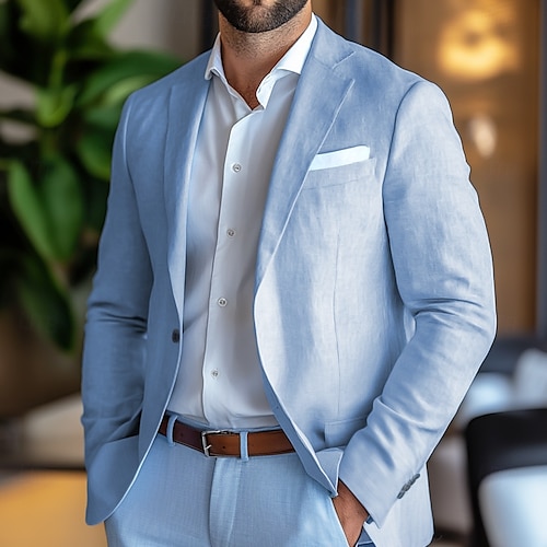  Men's Linen Blazer Sport Coat Notch Collar Fashion Casual Solid Colored Blazer Sky Blue Standard Fit Single Breasted One-button