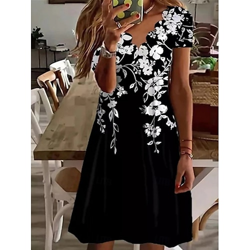  Femmes Mini Robe Robe trapèze Robe d'été Occasionnel Quotidien Coupe régulière Fleuri Graphique Manche Courte Col en V Noir Blanche Rose Claire Bleu Été