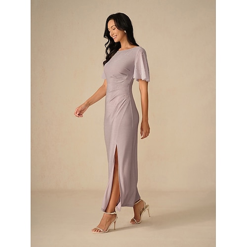  Femmes Robe maxi Robe fourreau Élégant Fête Mariage Soirée robe demoiselle d honneur Couleur Unie Manche Courte Col ras du cou Rose Claire Été Printemps Automne