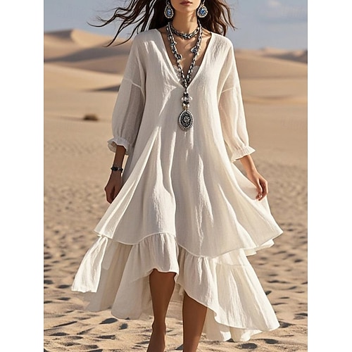 Robe Maxi Femme Robe en A Lin Décontractée Fête Plage Ajustement Régulier Couleur Unie Unie Manches 3/4 Col en V Blanc Été