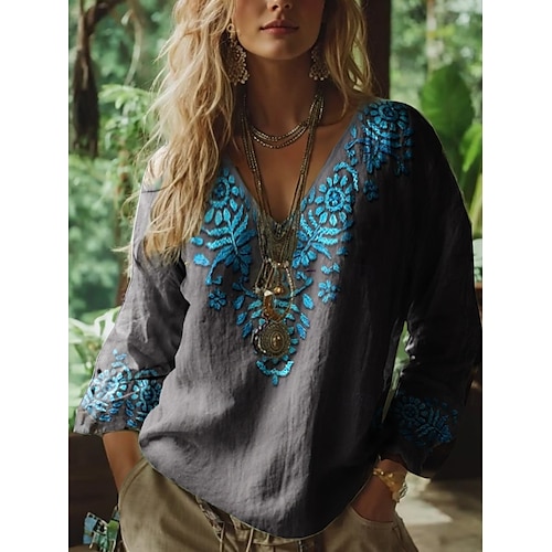  Blouse Boho Femme Graphique Florale Bohémienne Vintage Tropicale Manches 3/4 Décolleté en V Tops Réguliers Rouge Été Printemps